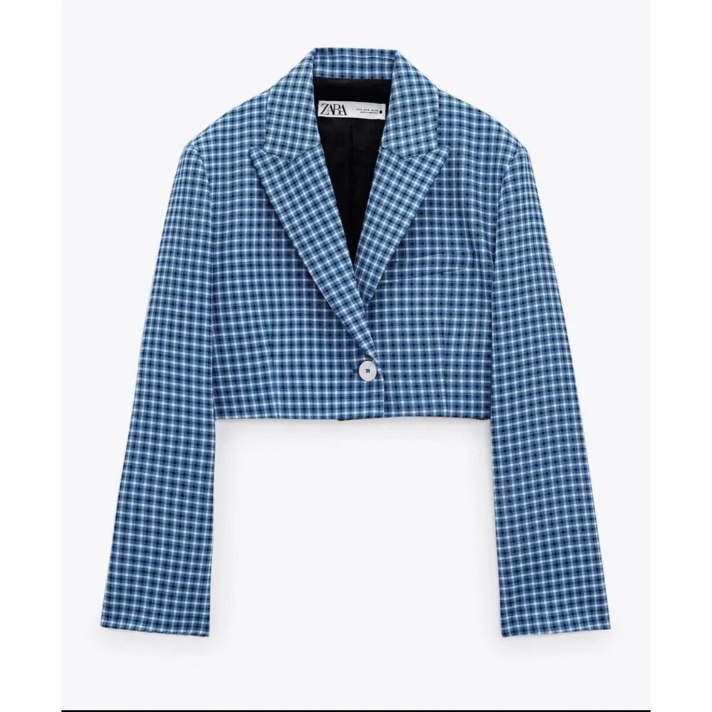 NWT $119 Zara Women's Medium Blue Check Blazer Jacket Short Cropped Gingham